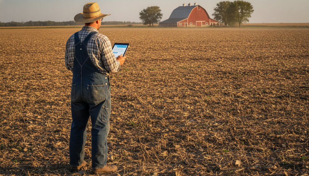 Farmer using an AI assistant on a tablet at the edge of a field