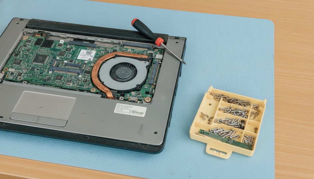 Opened laptop being repaired on a workbench