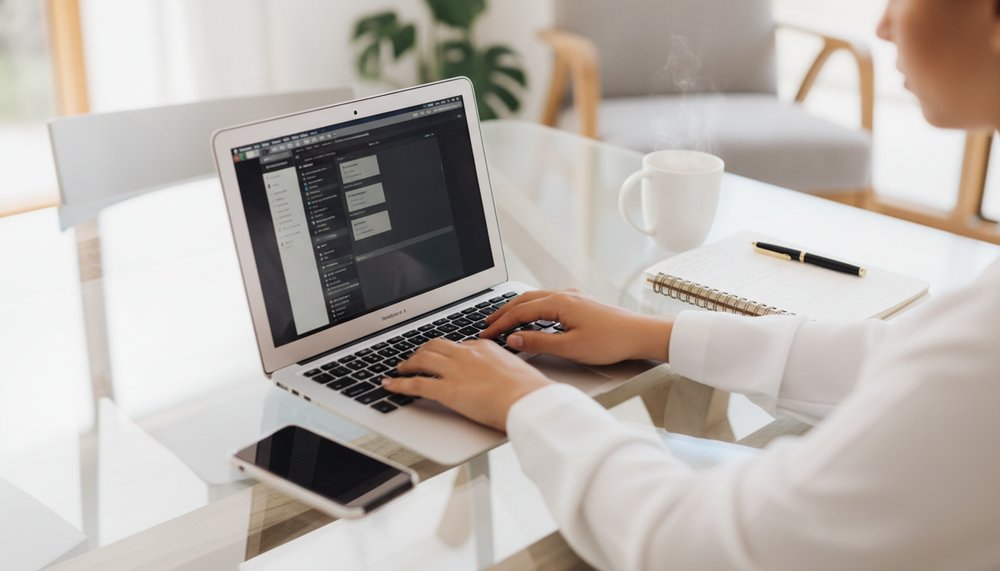Writing blog content on a laptop with notes