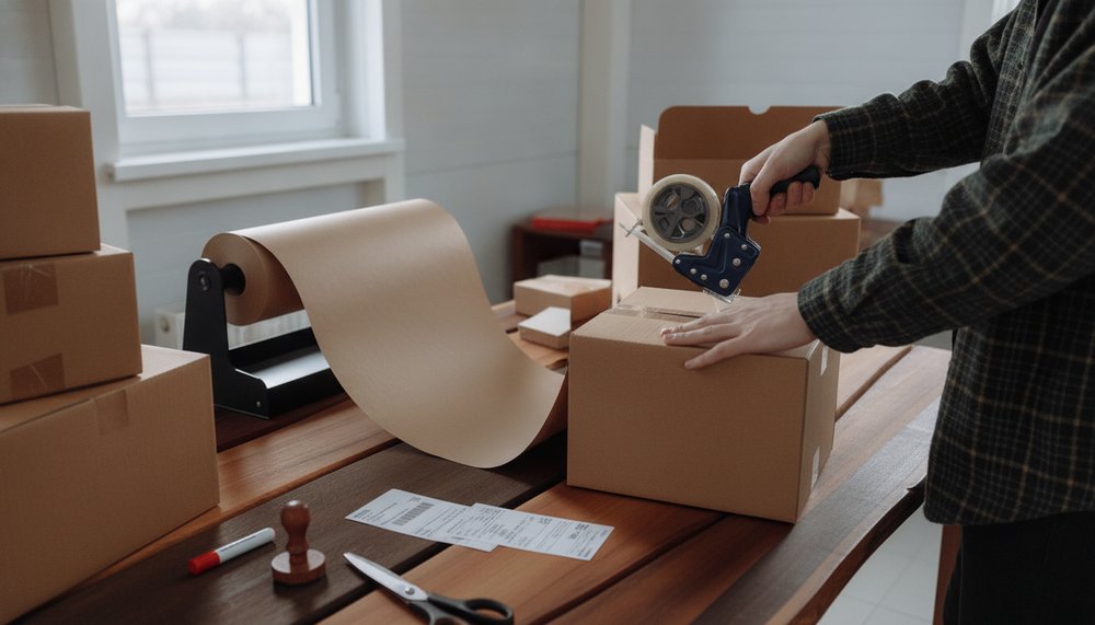 Small business packing station with shipping boxes and labels