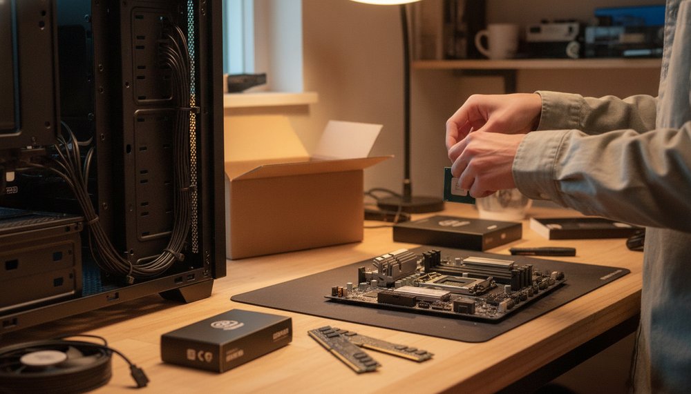 Hands installing a CPU on a motherboard during a custom PC build
