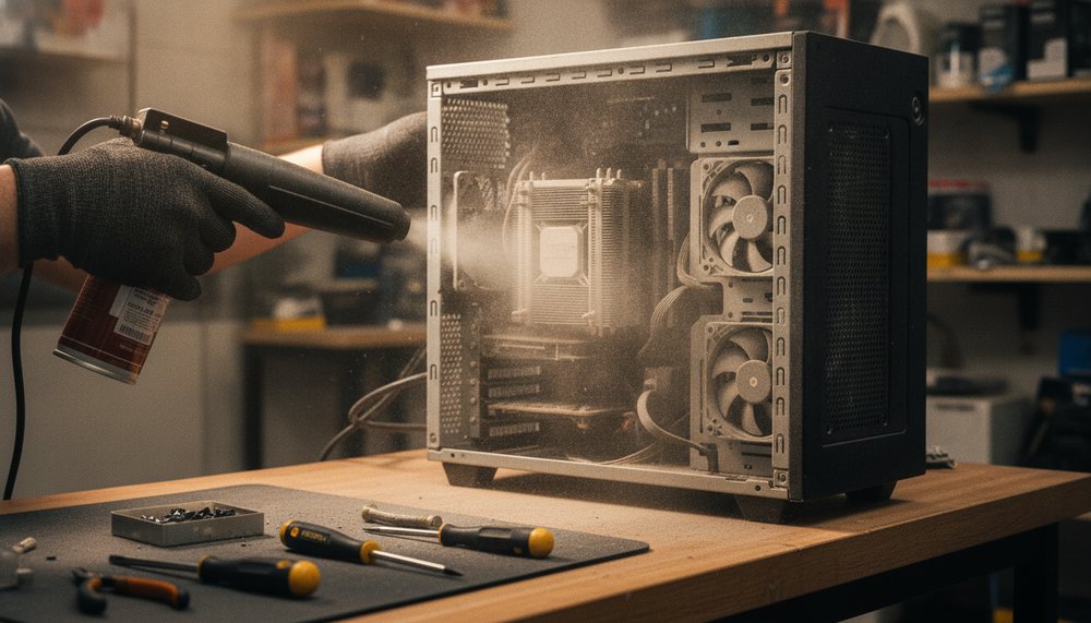 Compressed air blowing dust out of an open desktop PC on a repair workbench